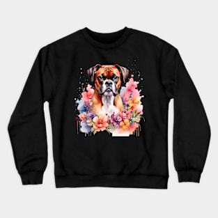 A boxer dog decorated with beautiful watercolor flowers Crewneck Sweatshirt